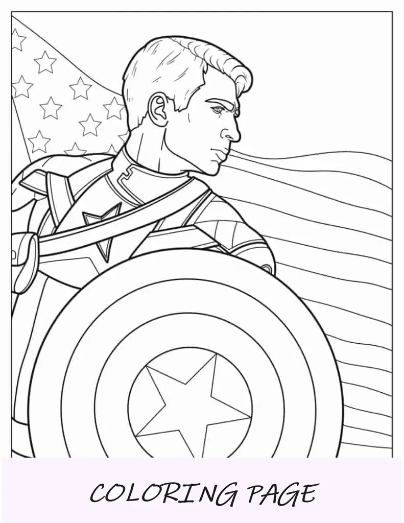 Página para colorear de Steve Rogers con la bandera estadounidense