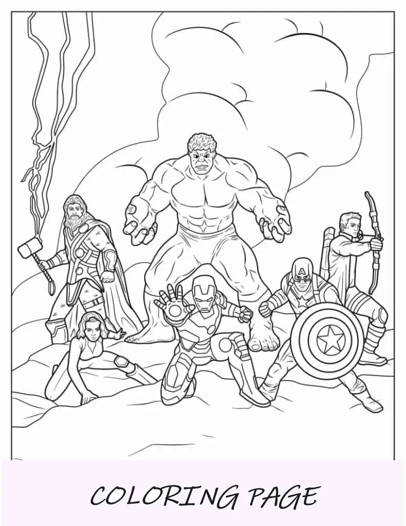 Capitán América con Hulk, Iron Man, Thor, Viuda Negra y Ojo de Halcón
