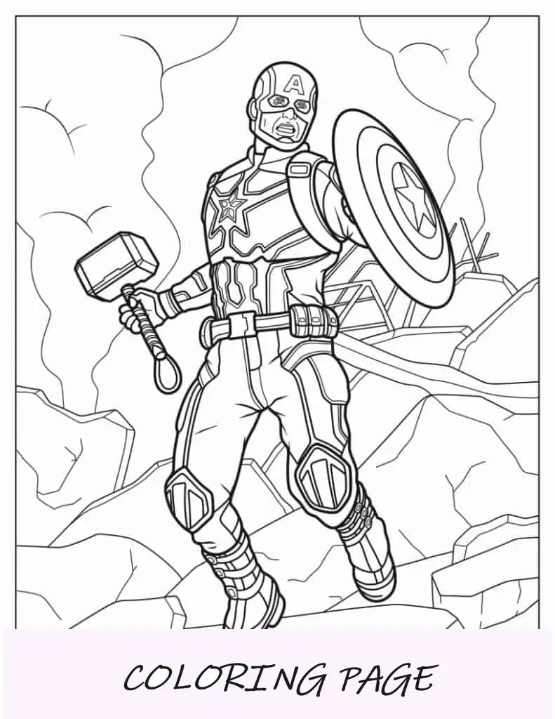 Página para colorear del Capitán América sosteniendo el martillo de Thor