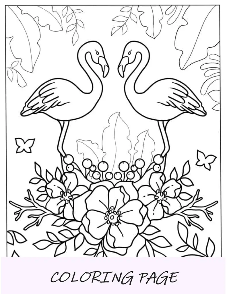 Flamingos com tema tropical e de verão para colorir