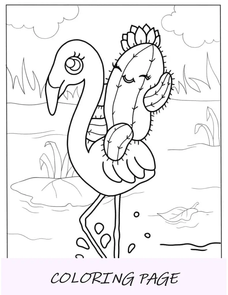 Cacto Kawaii e Flamingo para Colorir