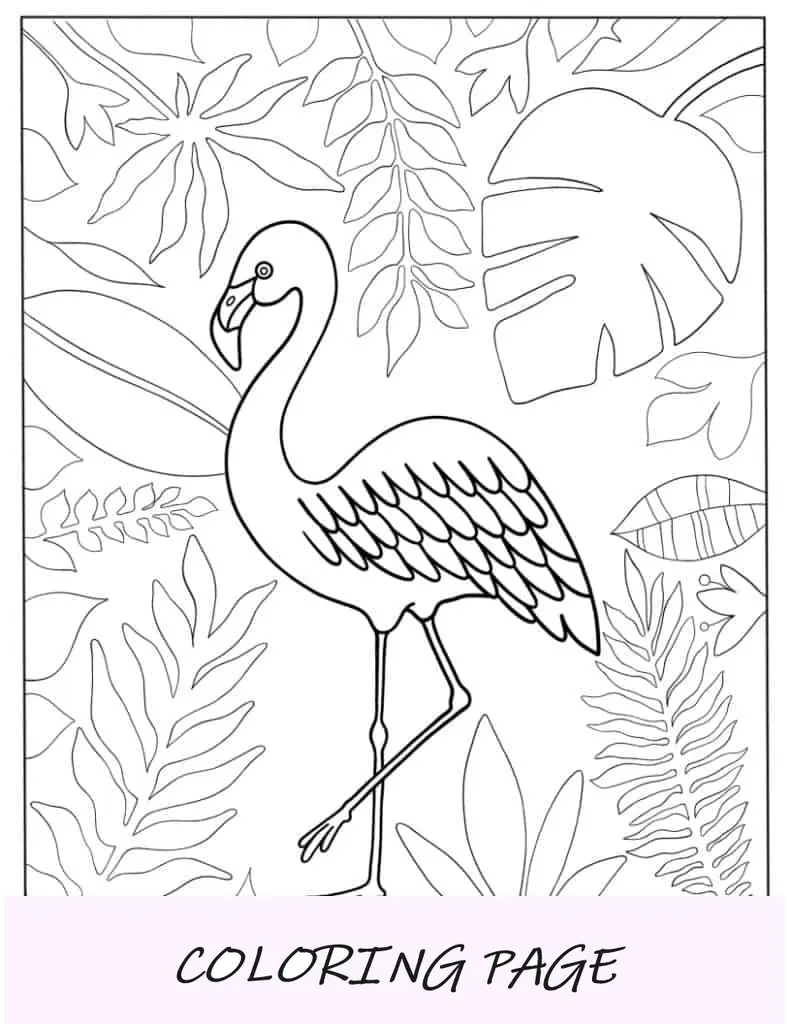 Flamingo com tema de verão com folhas tropicais
