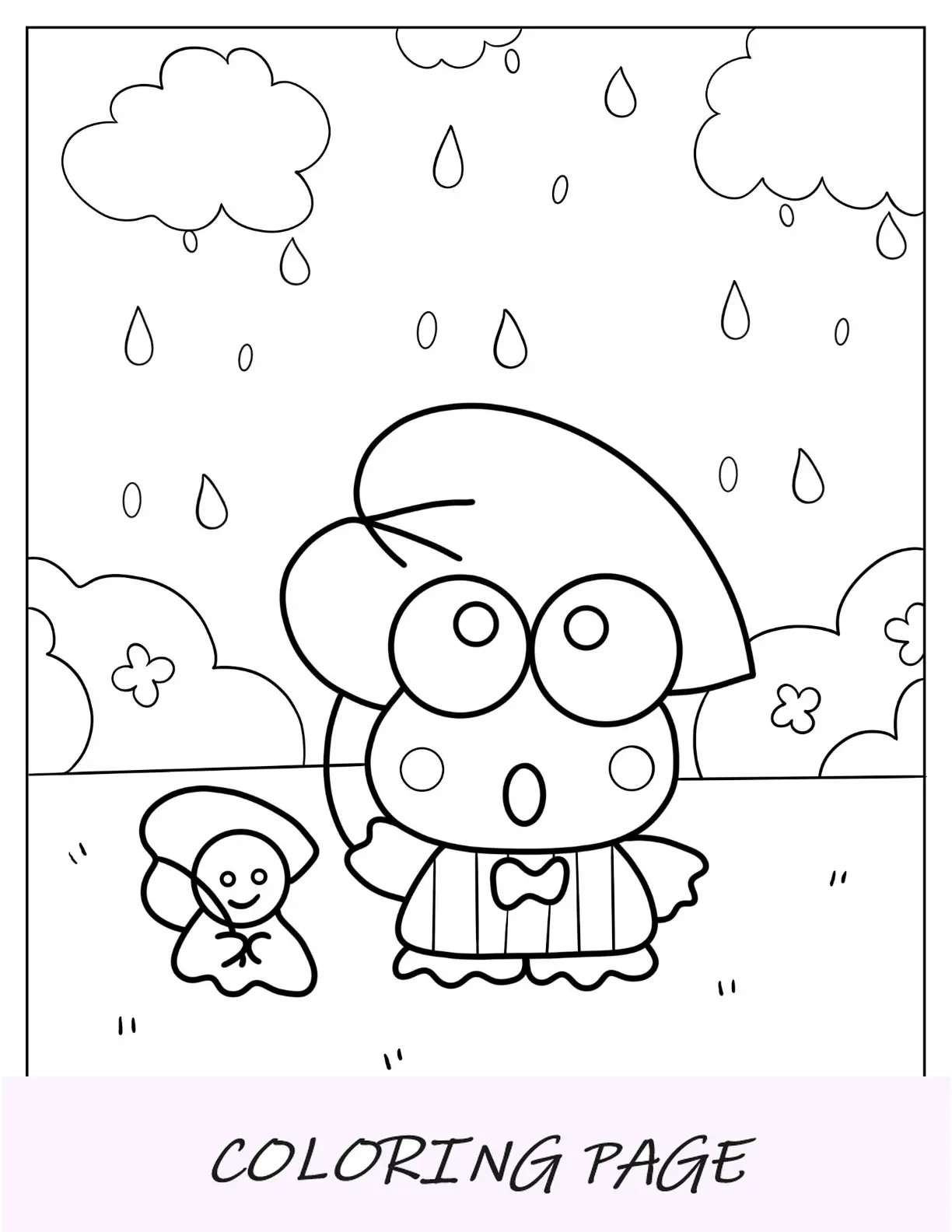 Página para colorir de Keroppi com Teru Teru usando folha como guarda-chuva