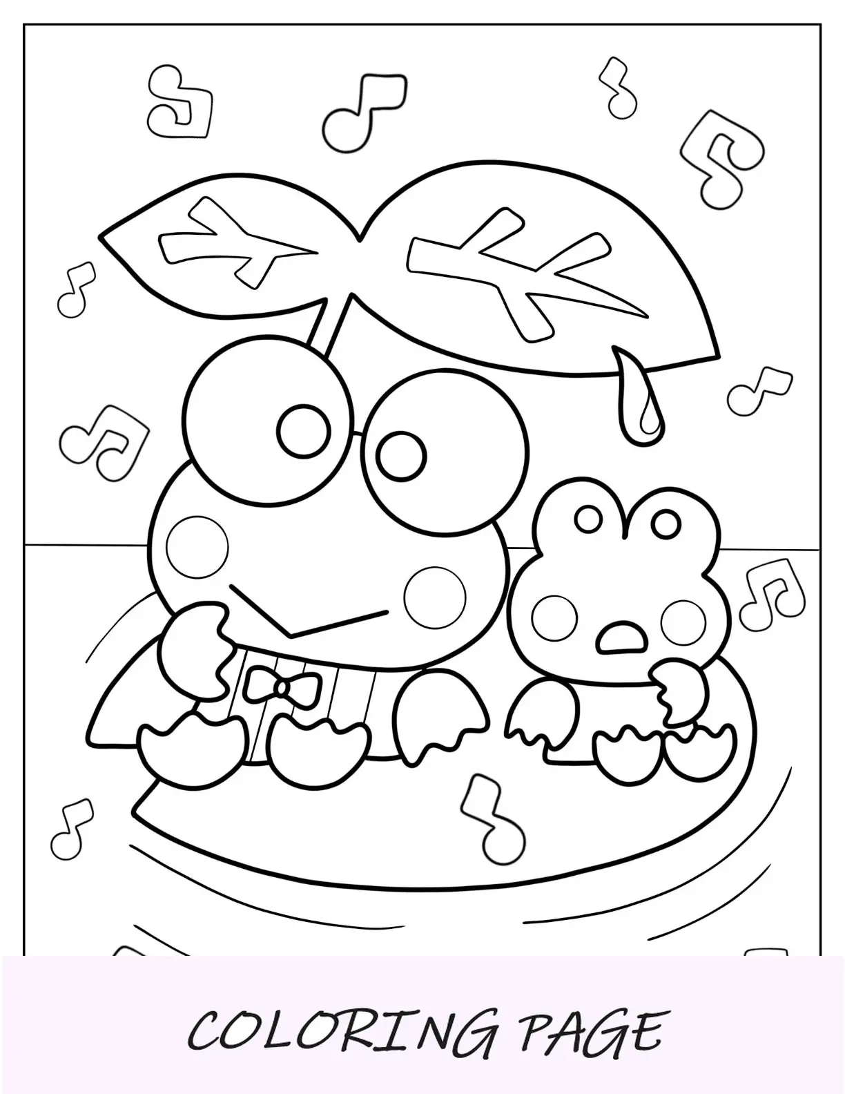 Página para colorir de Keroppi de Kokero sentado em uma almofada de nenúfar