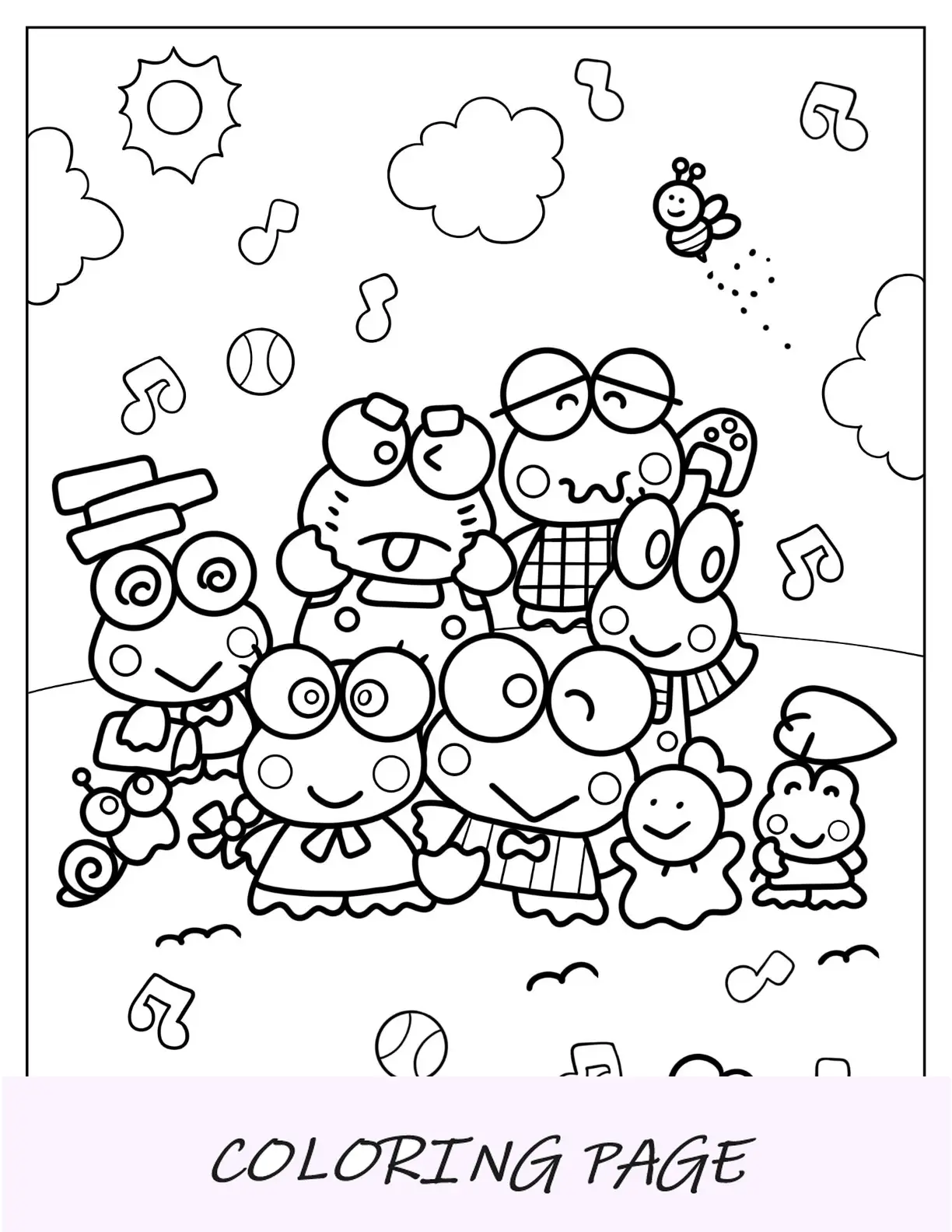 Página para colorir Keroppi de família se divertindo
