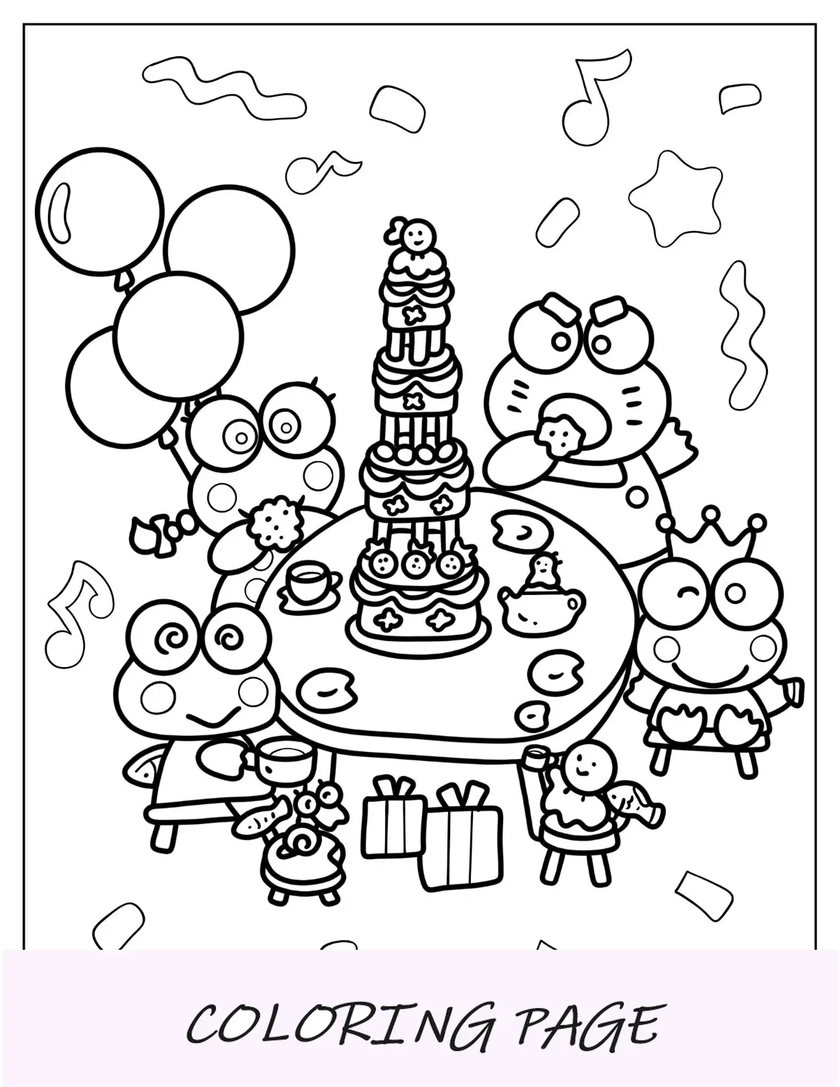 Página para colorir Keroppi de família comendo bolo