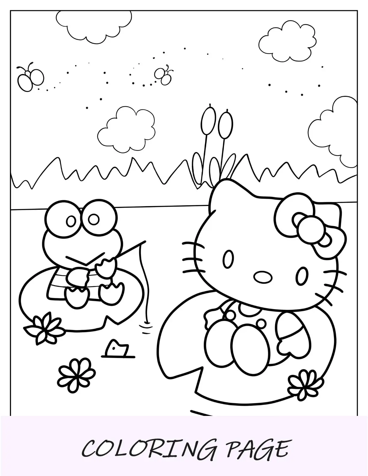 Desenho para colorir de Hello Kitty e Keroppi sentados em nenúfares