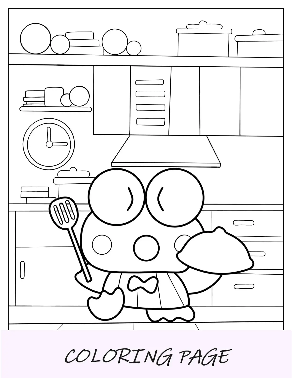 Linda página para colorir Keroppi de culinária na cozinha