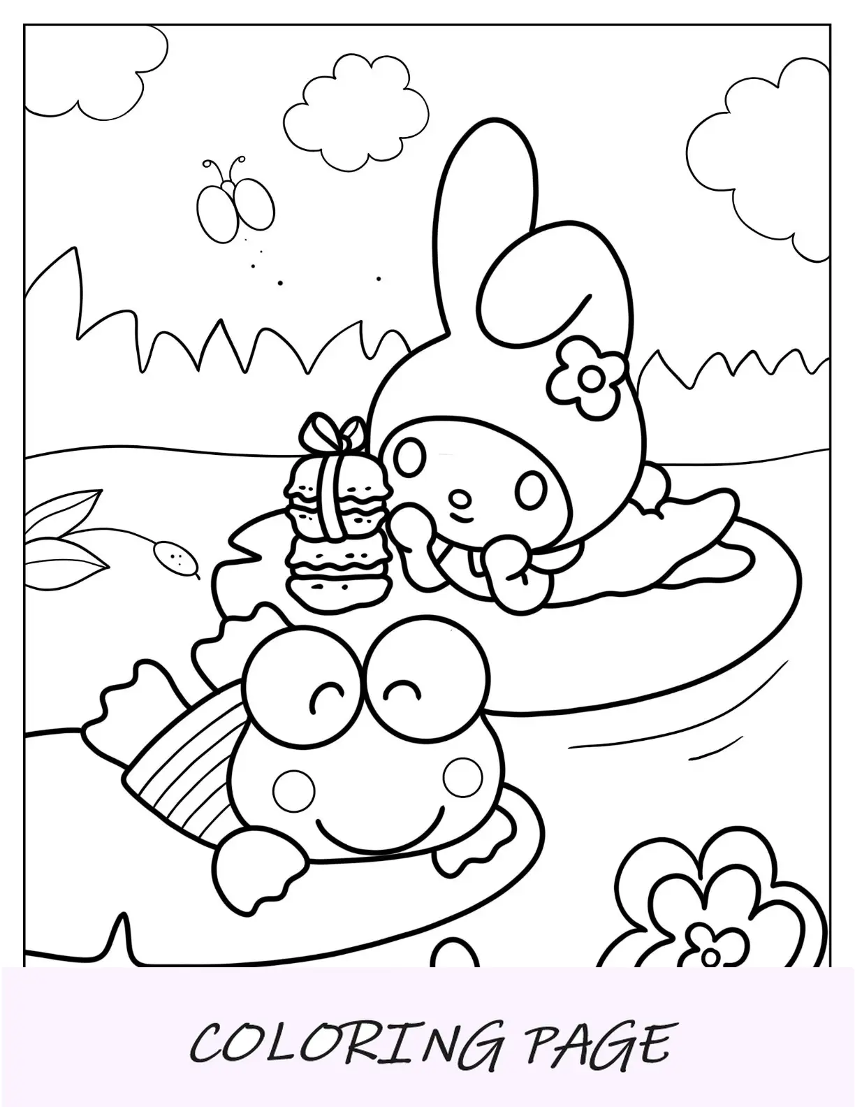 Página para colorir Keroppi de My Melody tomando banho de sol em nenúfares