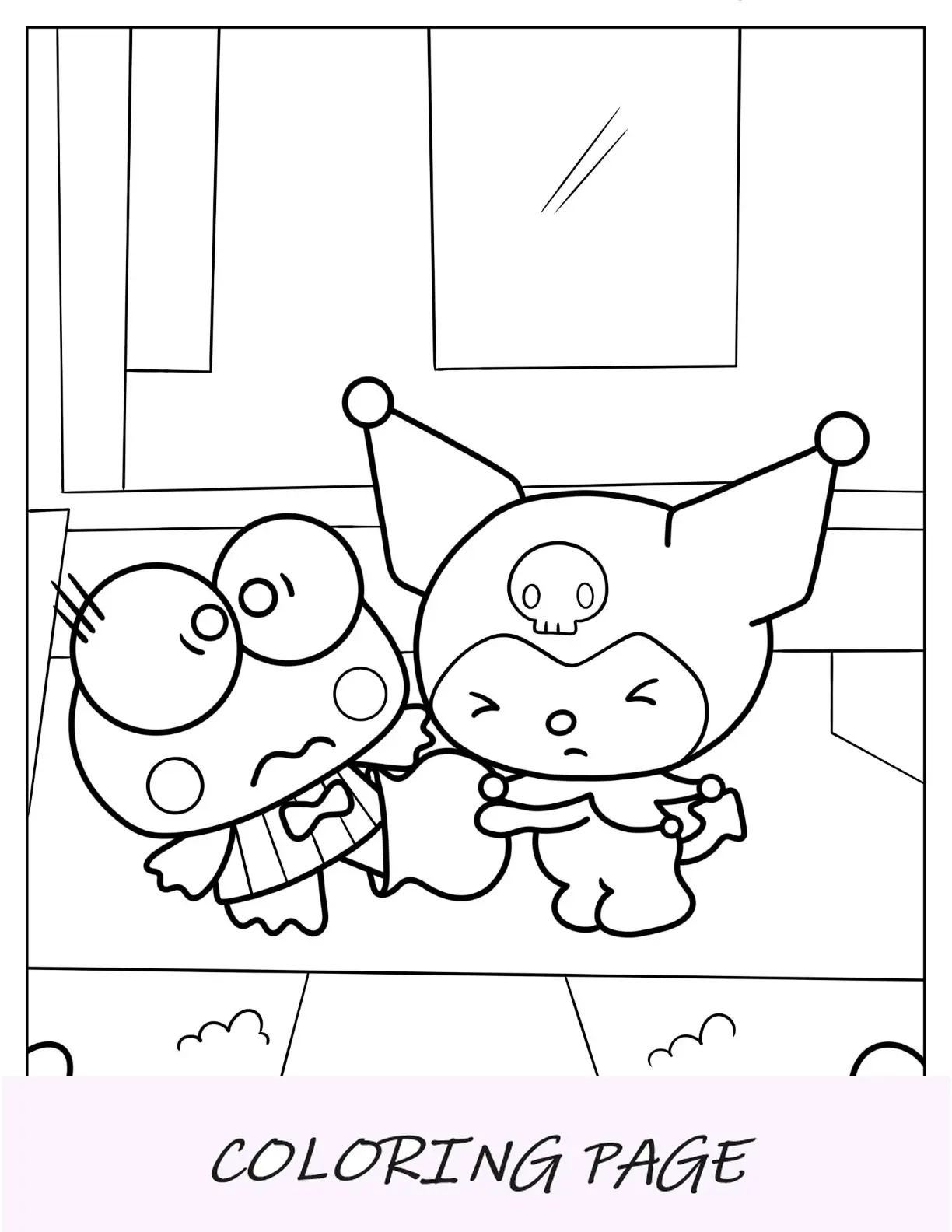 Página para colorir de Keroppi de Kuromi removendo o vaso do pé