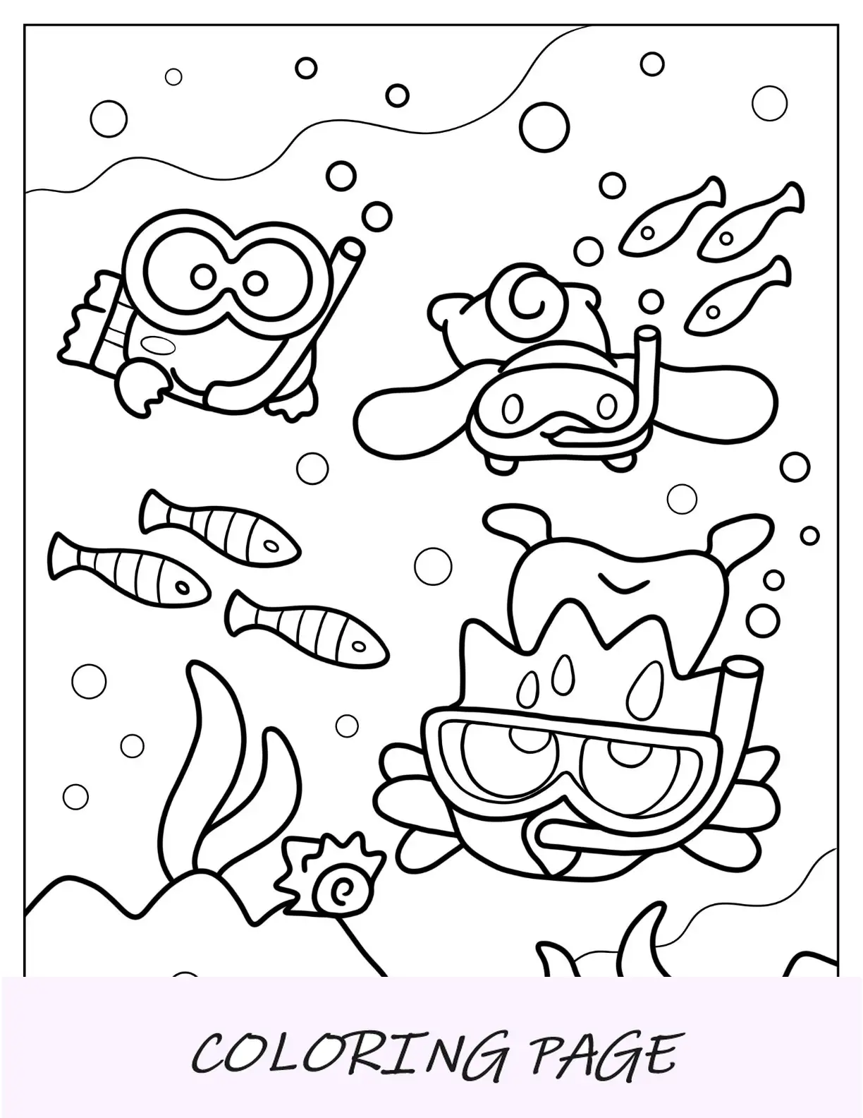 Página para colorir de Keroppi de mergulho com snorkel com Badte Maru e Cinnamaroll