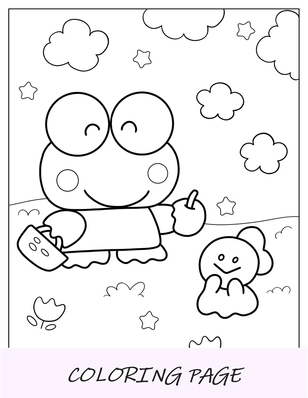 Página para colorir de Keroppi sobre como dar uma maçã a Teru Teru