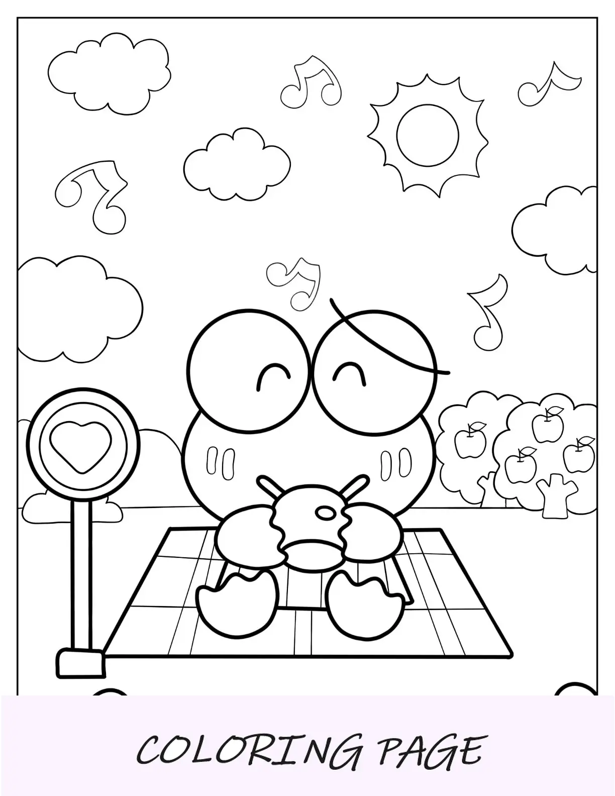 Página para colorir Keroppi saboreando chá ao ar livre
