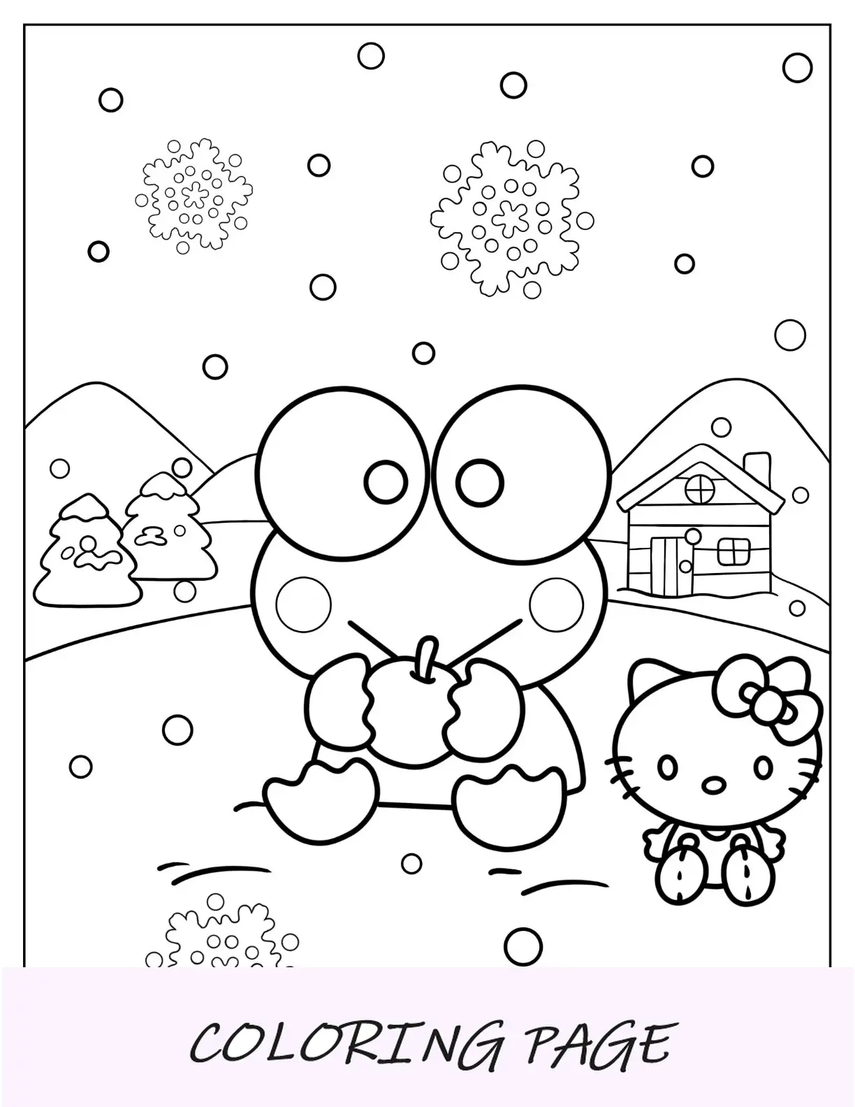 Página para colorir Keroppi de comer maçã com Hello Kitty