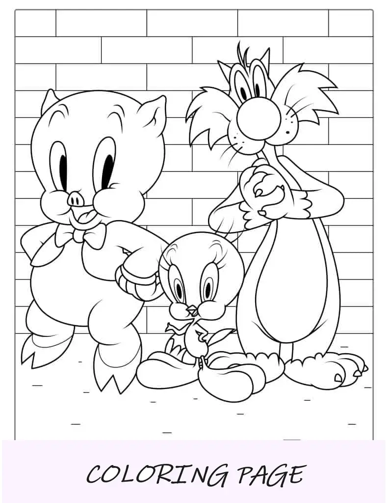 Pagina da colorare di Silvestro, Porky Pig e Titti