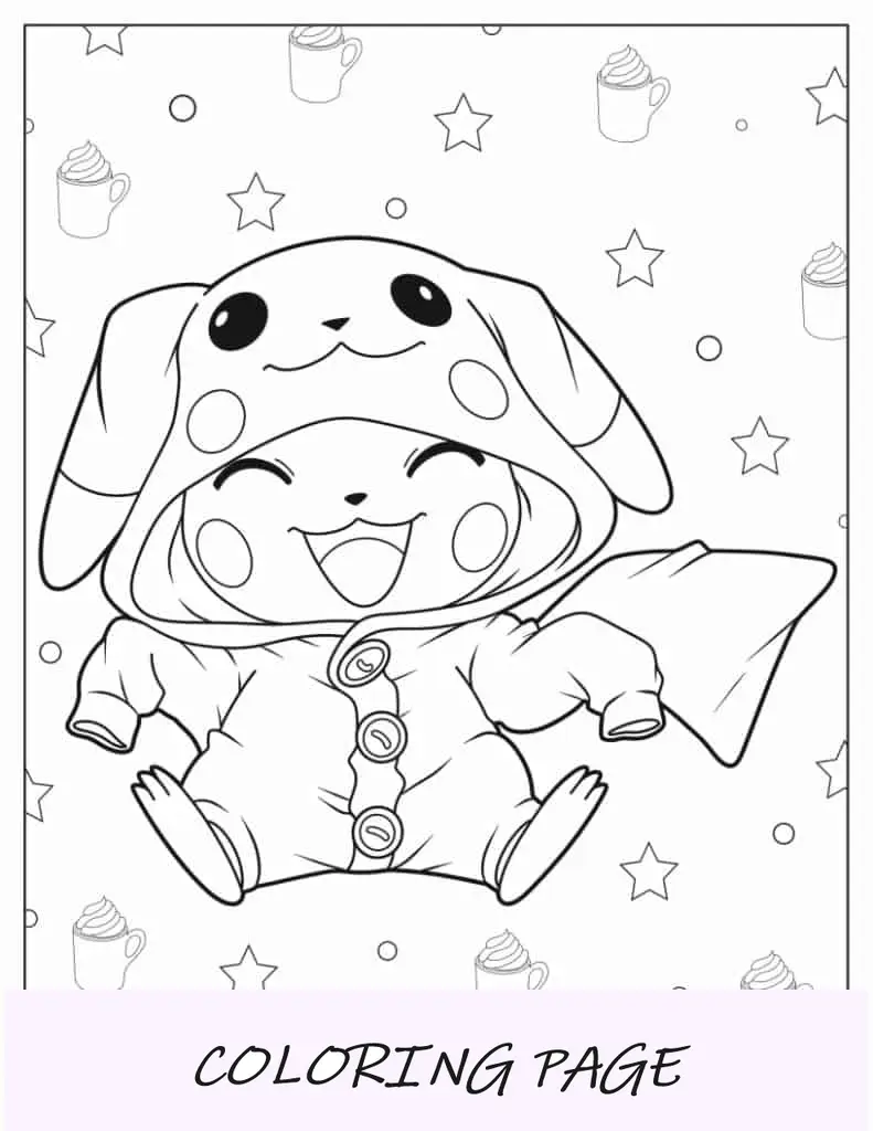 Pikachu fofo usando capa de chuva para colorir