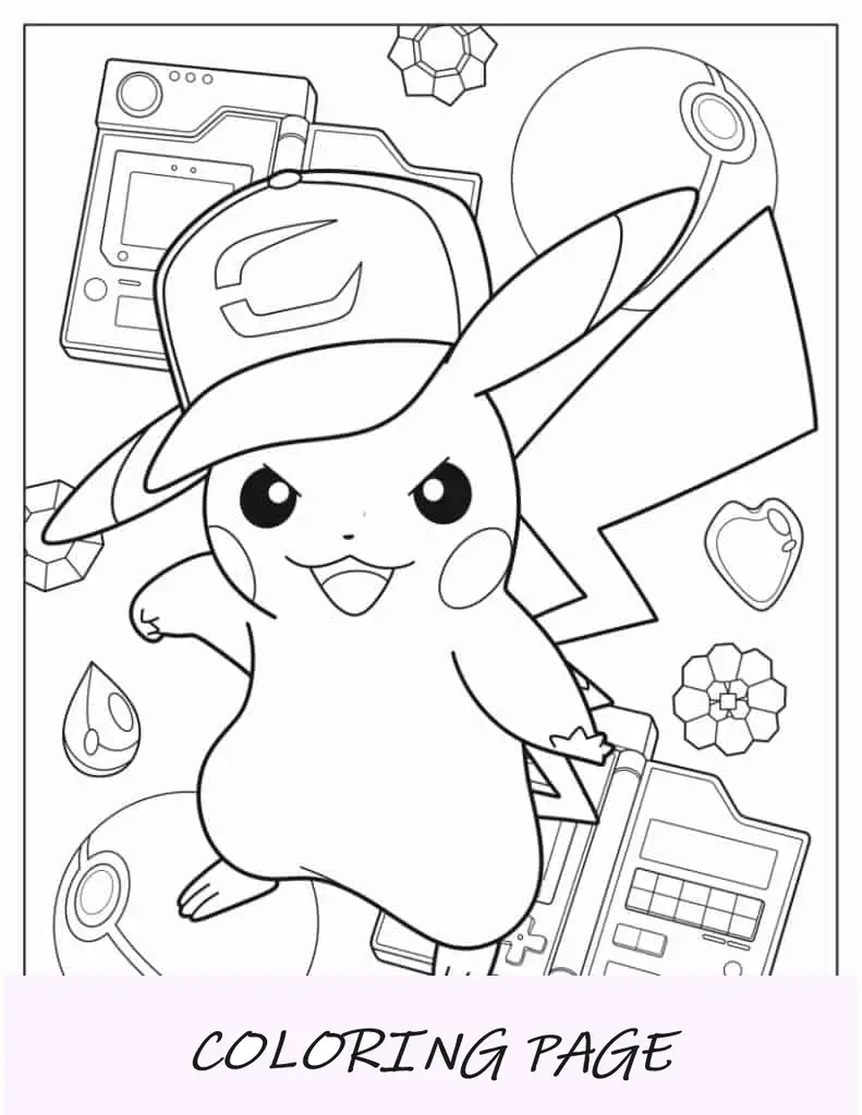 Folha para colorir de Pikachu usando boné