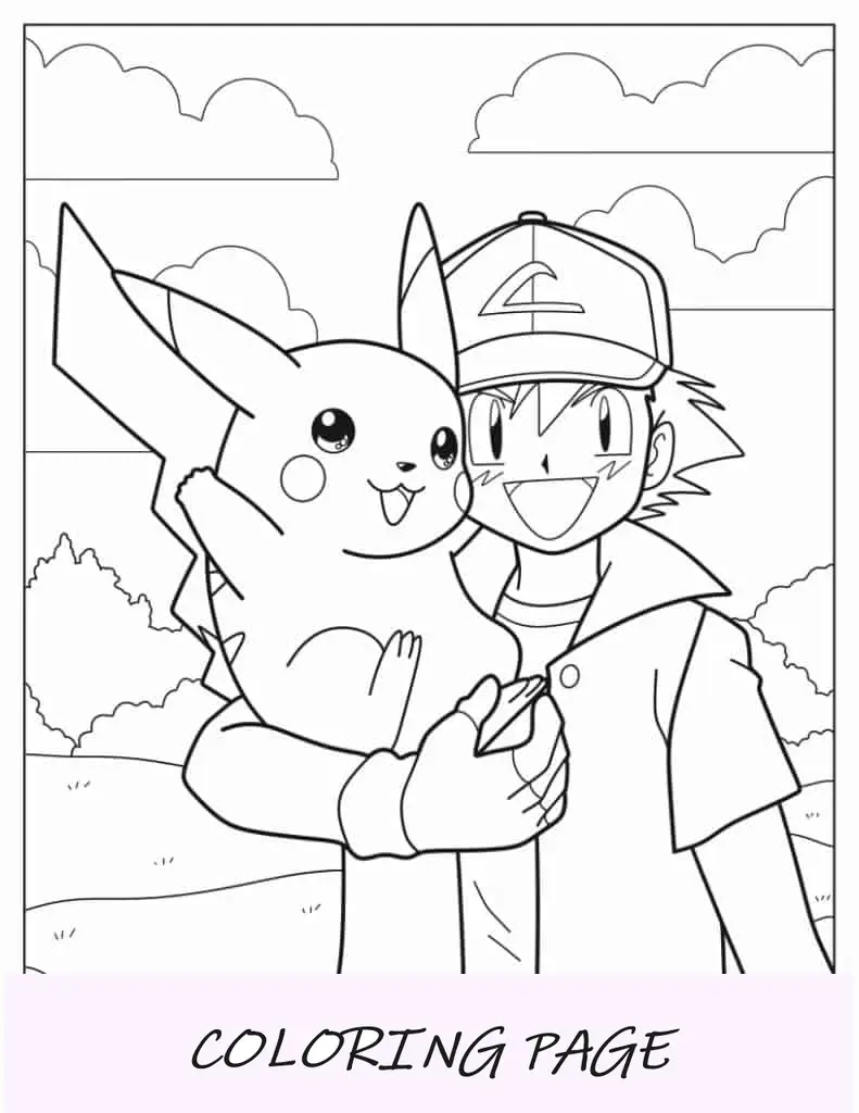Desenho para colorir de contorno simples de cinzas carregando Pikachu