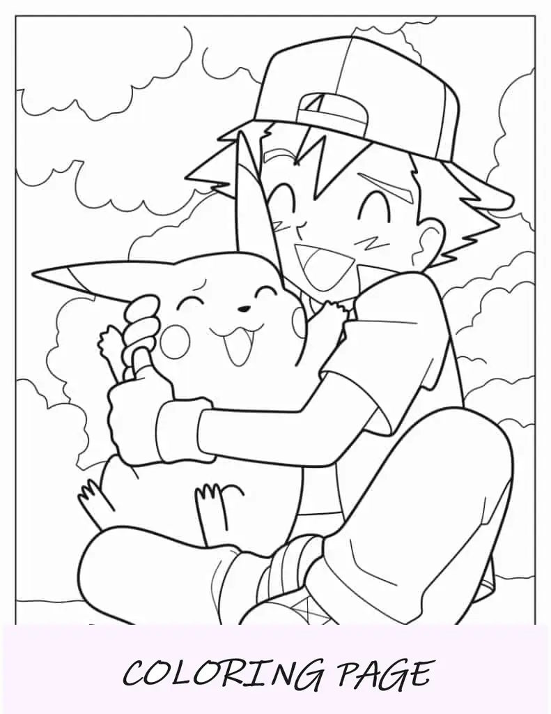 Página para colorir de Ash abraçando Pikachu