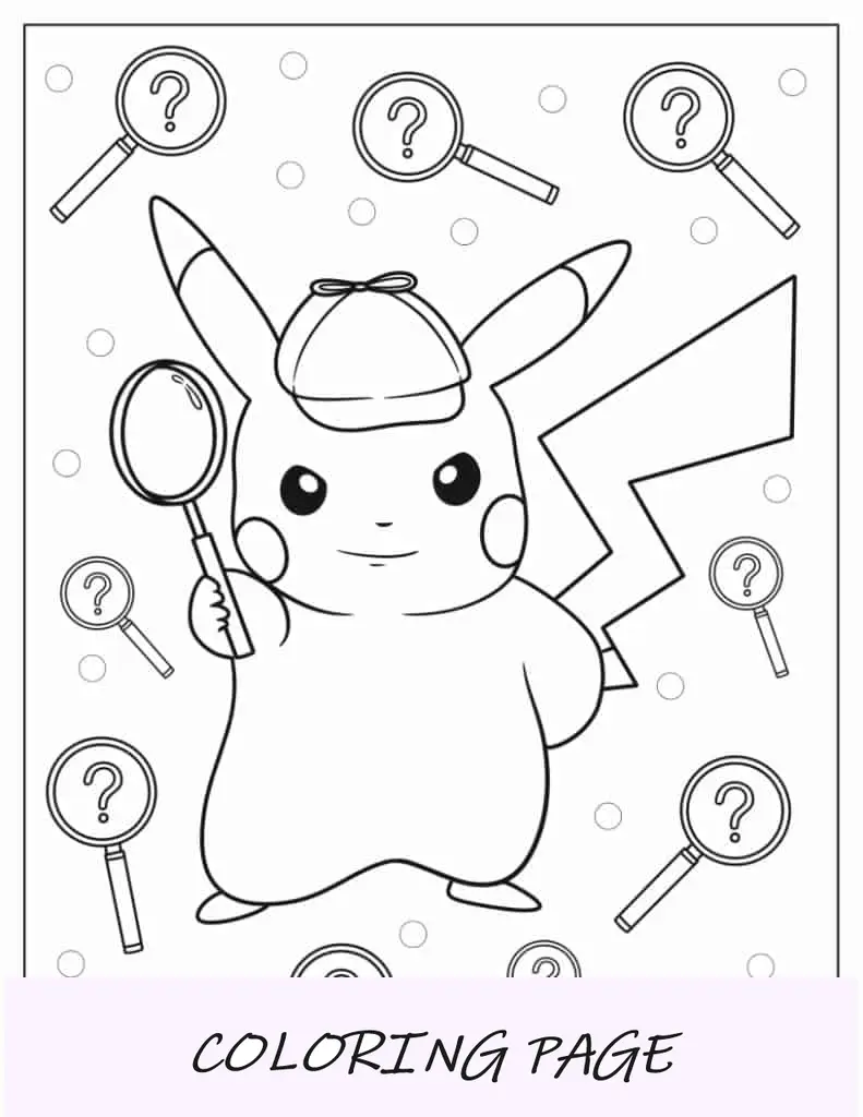 Página para colorir do detetive Pikachu com lupa
