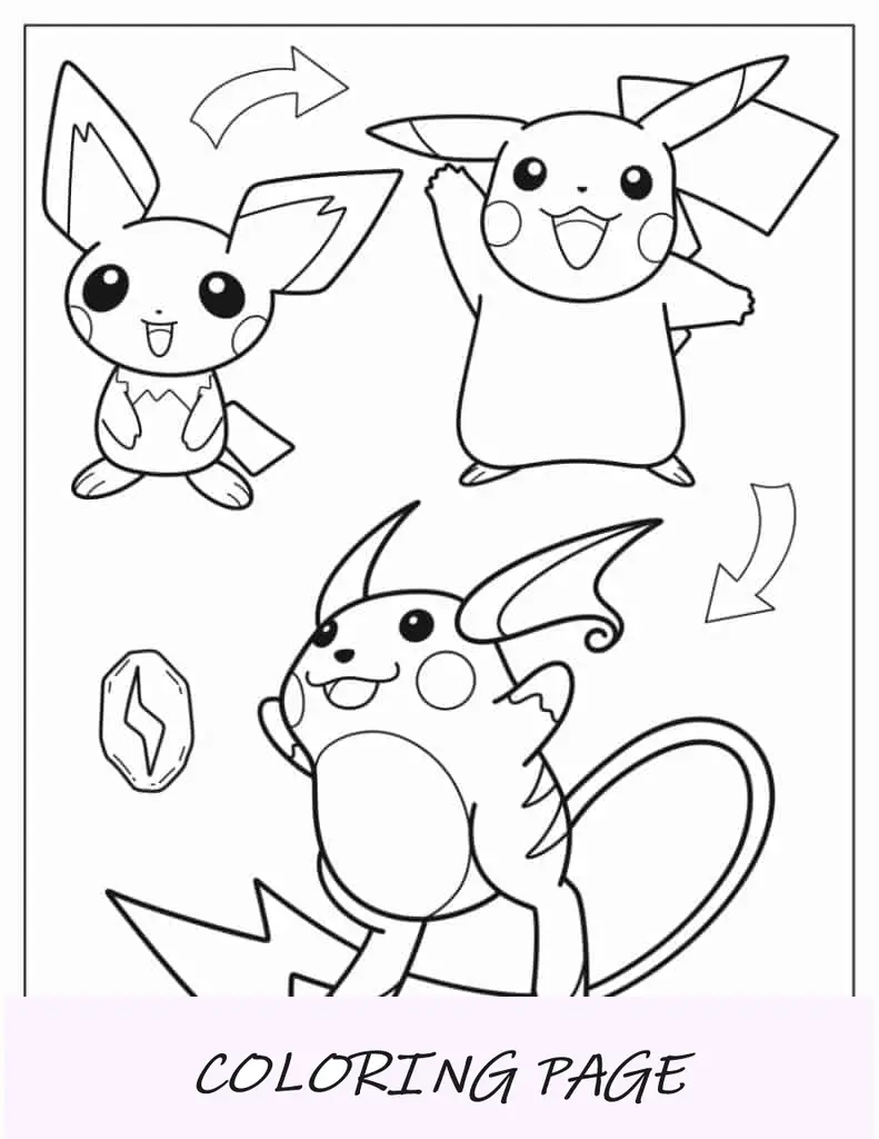 Folha para colorir de Pichu, Raichu e Pikachu para crianças