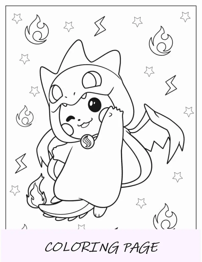Folha para colorir de fantasia de Pikachu em Charizard