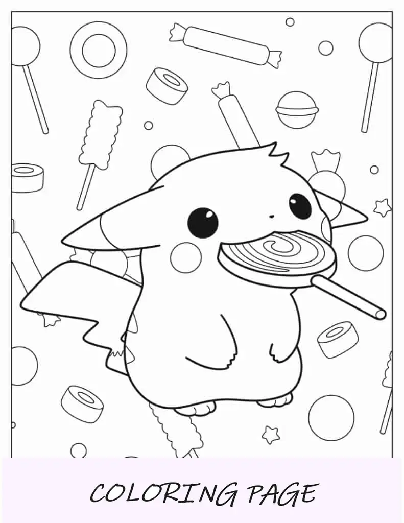 Pikachu comendo pirulito para colorir