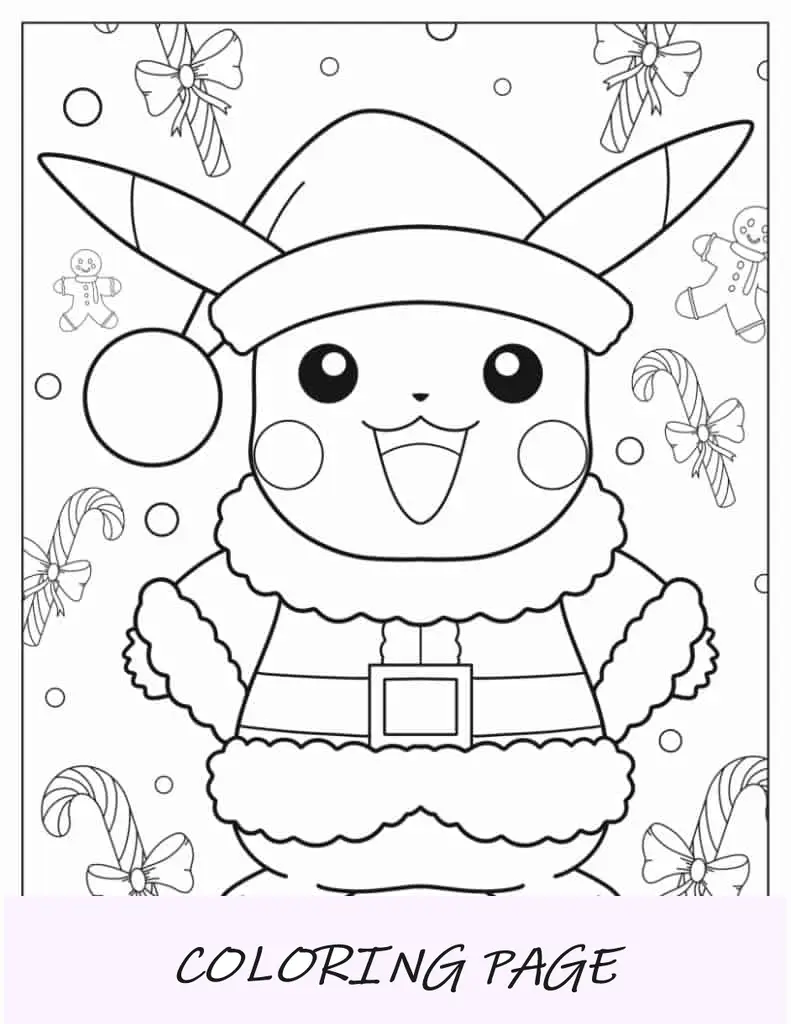 Folha para Colorir de Natal do Pikachu Fofo com Chapéu de Papai Noel