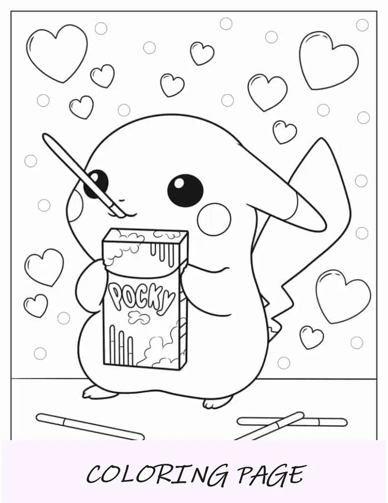 Bebê Pikachu comendo Pocky para colorir para crianças em idade pré-escolar