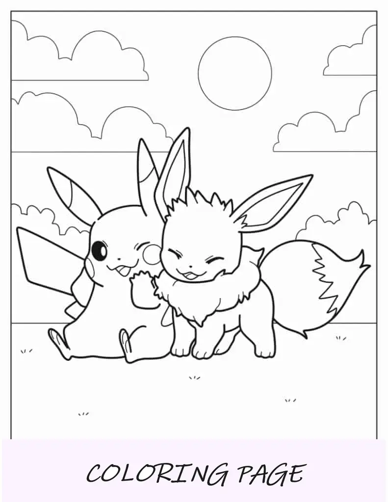 Folha para colorir do bebê Pikachu e Eevee