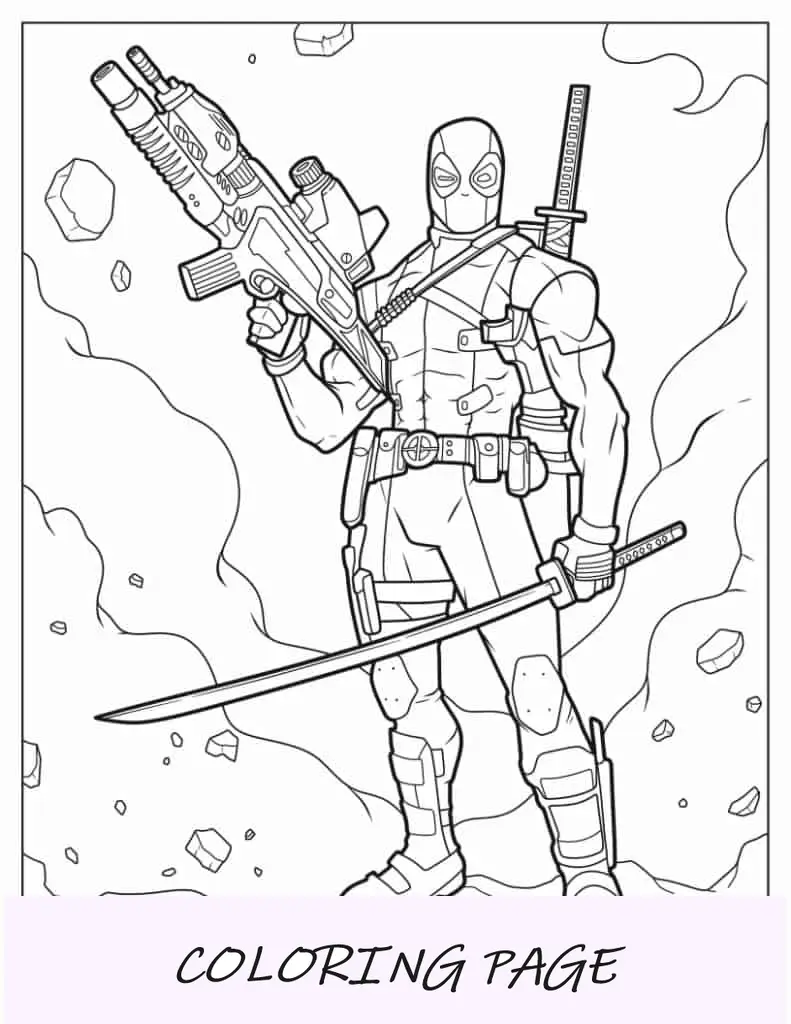 Deadpool con in mano un'enorme pistola e una katana