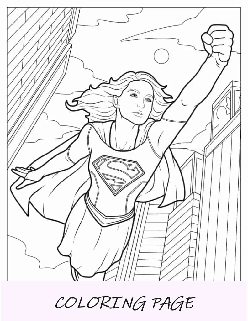Pagina da colorare di Supergirl che vola in città