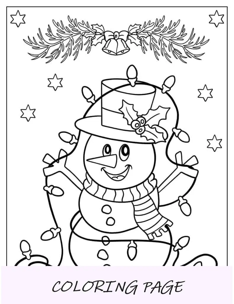 Boneco de neve fofo brincando com luzes de Natal