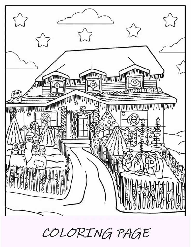 Casa detalhada cheia de luzes de Natal para colorir