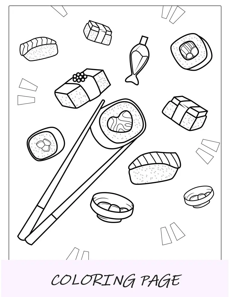 Página para colorir de sushi japonês