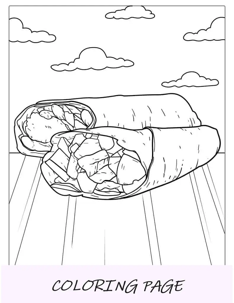 Página para colorir de burritos mexicanos