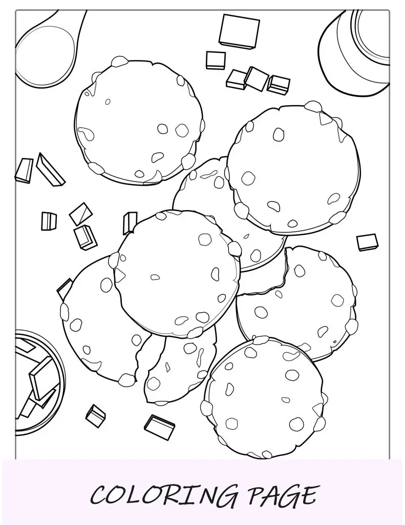 Folha para colorir de biscoitos com gotas de chocolate