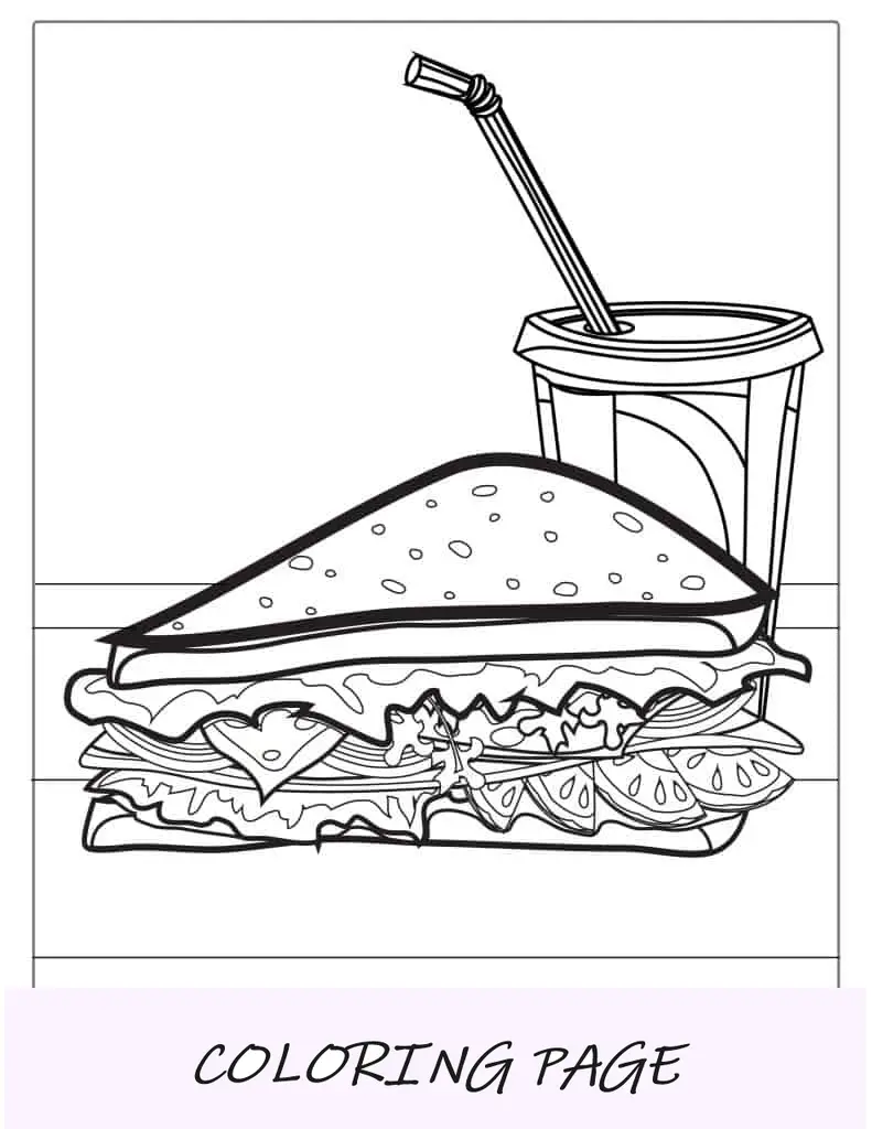 Página para colorir de sanduíche e refrigerante
