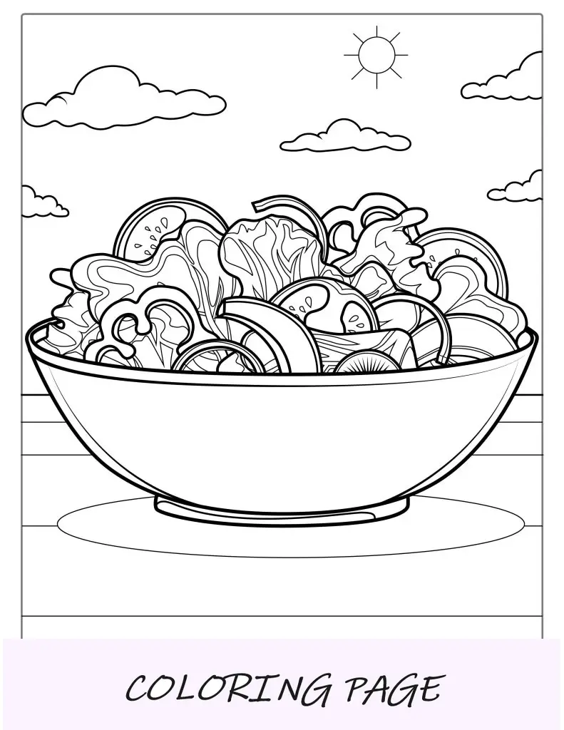 Folha para colorir de tigela de salada