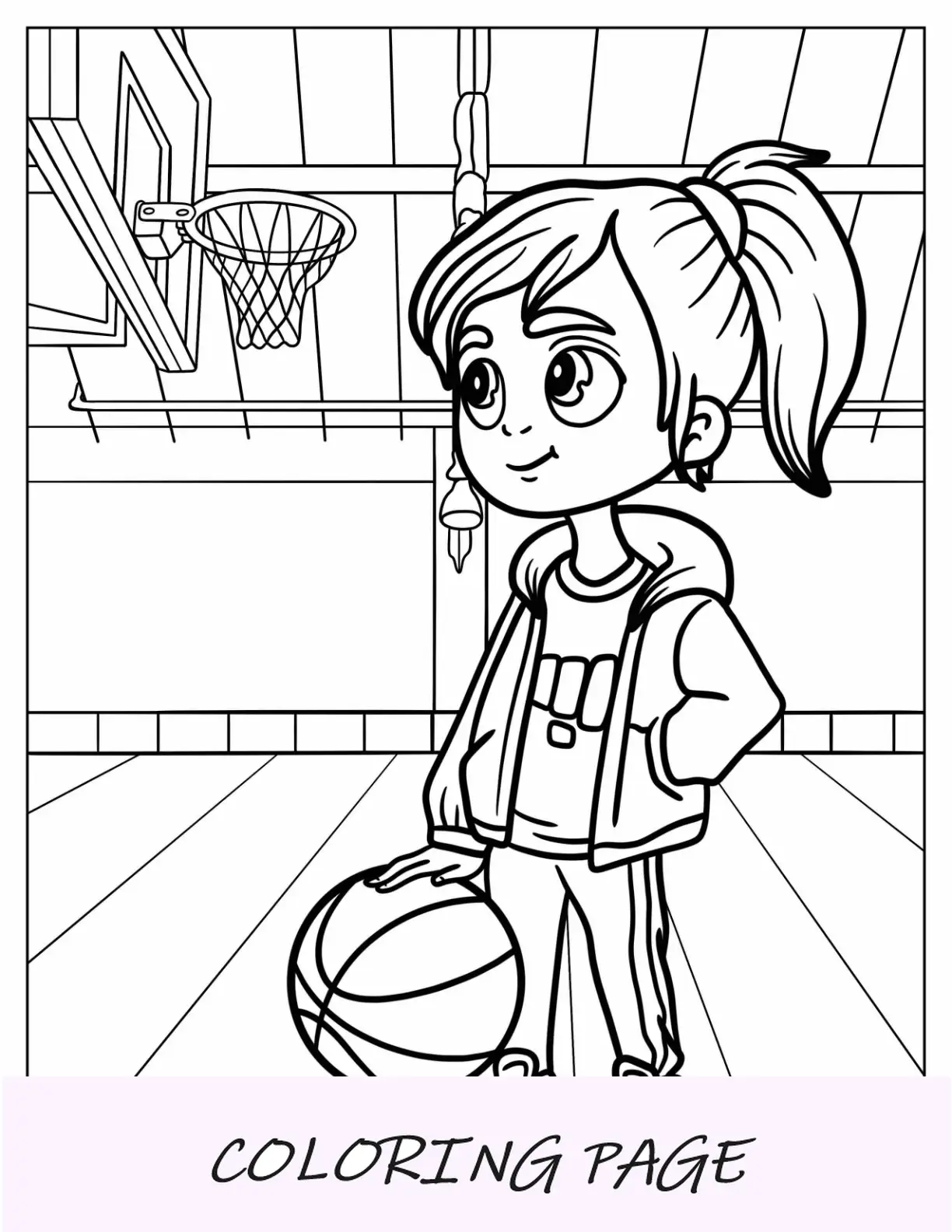 Página para colorear de baloncesto de una niña regateando en la cancha para niños