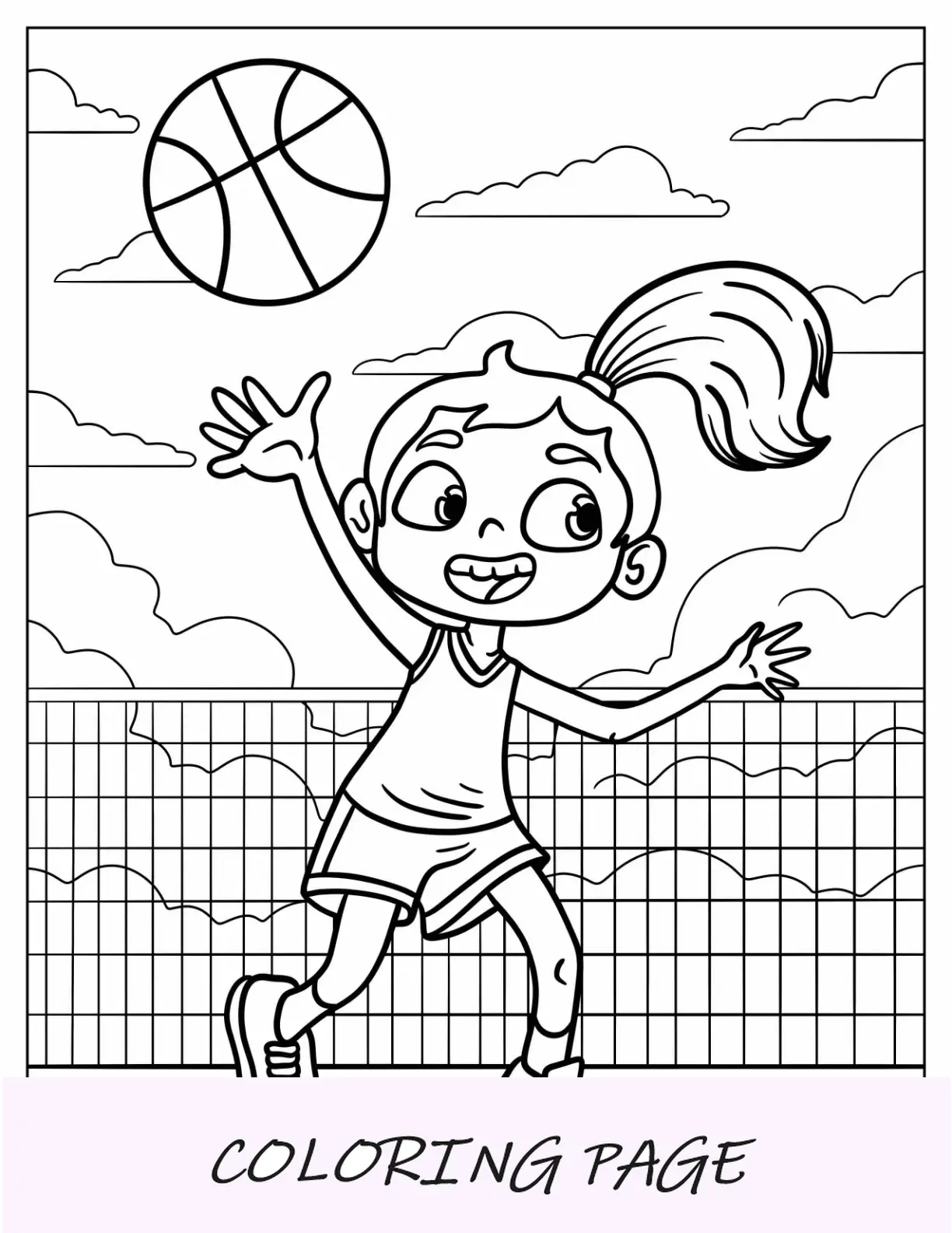 Página para colorear de niña baloncesto jugador atrapando una pelota