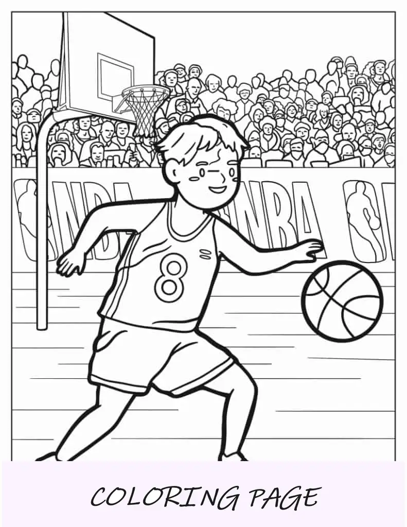 Niño pequeño jugando baloncesto para colorear