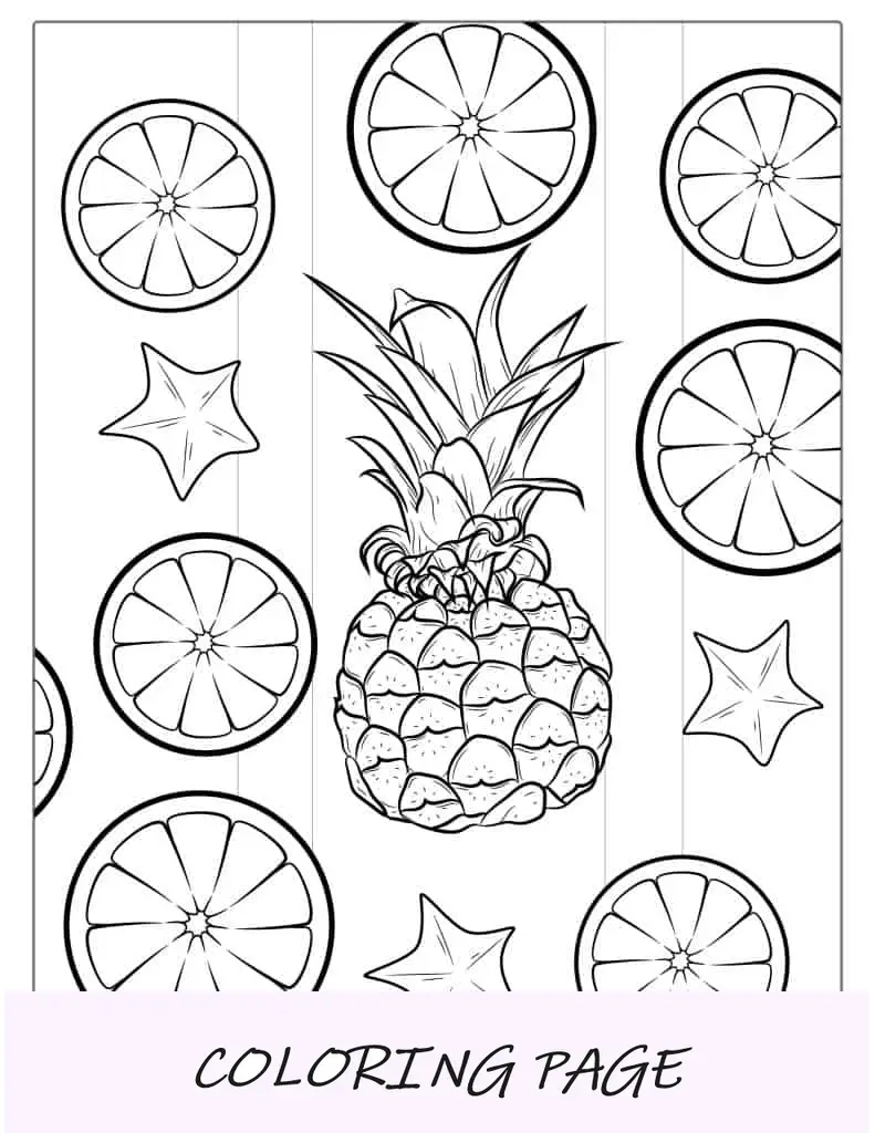 Hoja para colorear de piña y naranjas