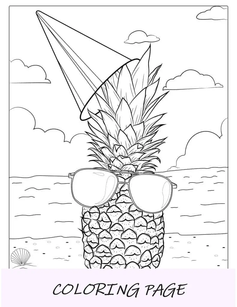 Página para colorear de piña con gafas de sol en la playa