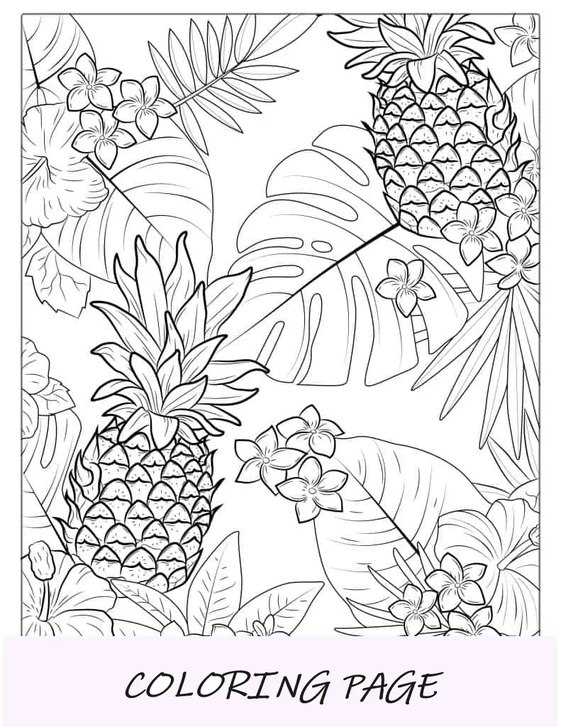 Página para colorear de piña con temática hawaiana
