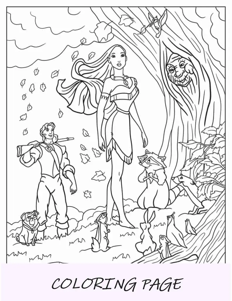 Pocahontas com a avó Willow, John Smith e Meeko