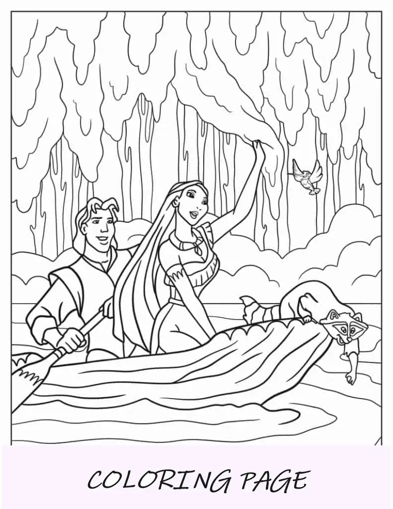 Pocahontas e John Smith na coloração de canoa em