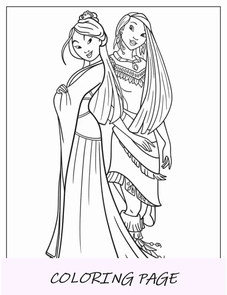 Folha para colorir Muland e Pocahontas para crianças