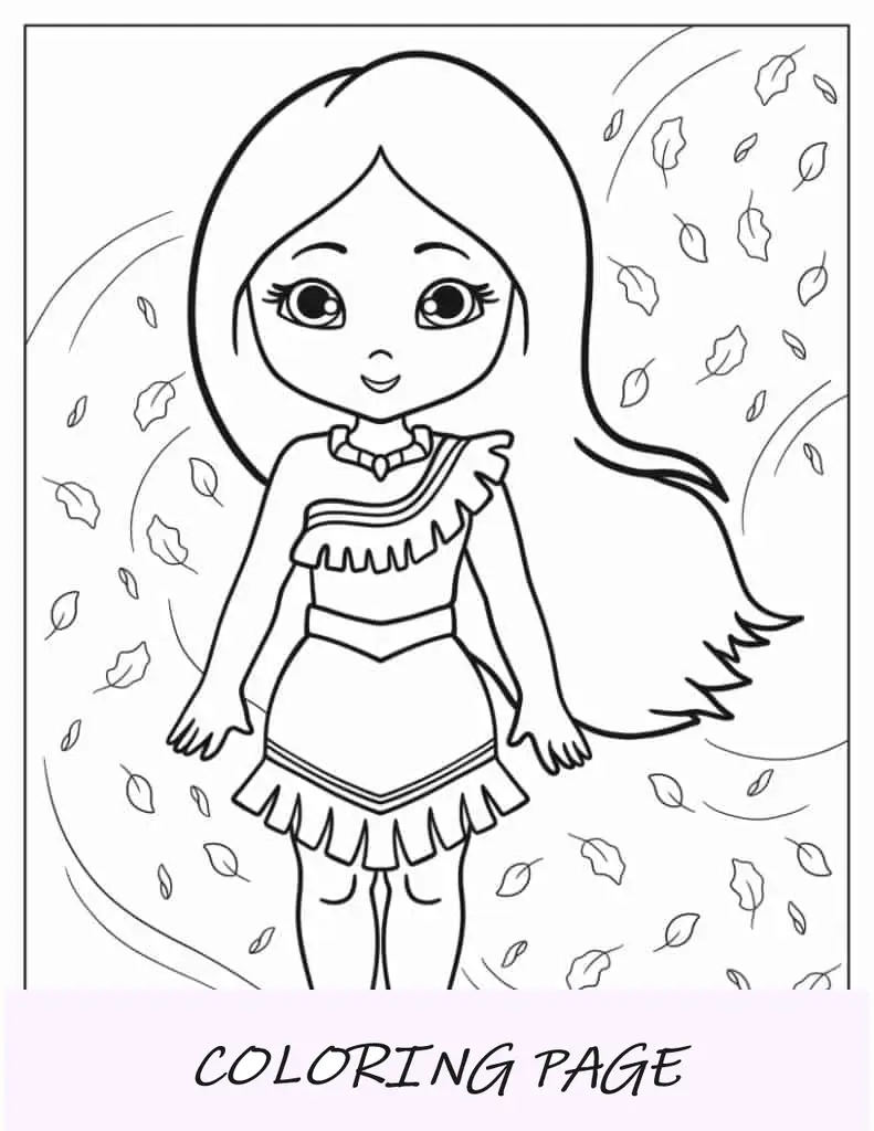 Kawaii Pocahontas para colorir para crianças em idade pré-escolar