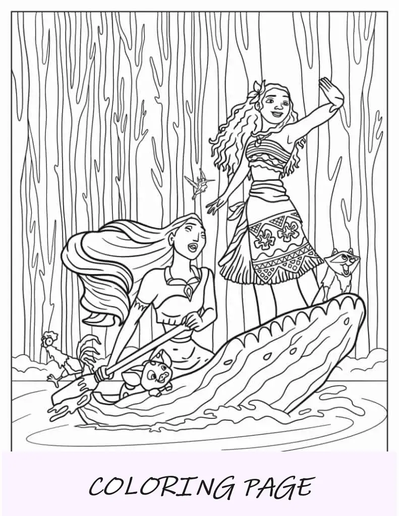 Folha para colorir de Mulan e Pocahontas na canoa